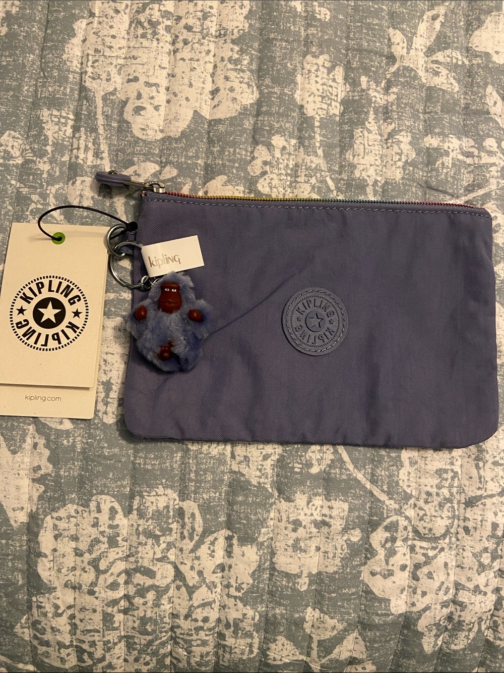 Kipling Silky Blue Zip Pouch with Plush Monkey Charm